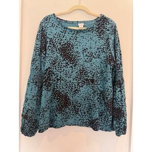 Chico's Womens XL Blouse Pullover Burn Out Velvet Sz 3 (XL) Teal Puffed Sleeves